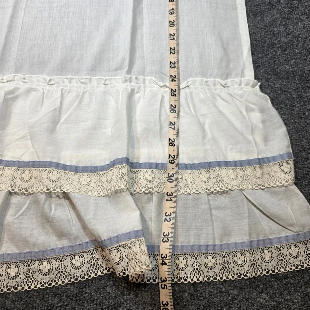 Vintage Style White Ruffled Cafe Curtains Lace Trim Blue Ribbon 4 Panels 35x28
